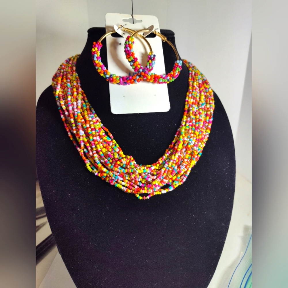 Multicolor Beaded Necklace and Hoop Earrings Set